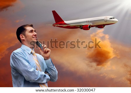 men look on airplane in air with sunrise sky