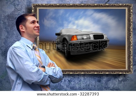 Business men look on picture with car on the grunge background