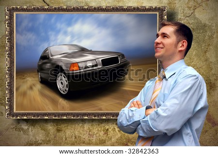 Business men look on picture with car on the grunge background