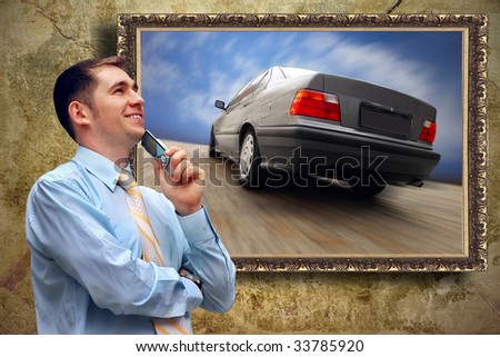 Business man look on picture with car on the grunge background