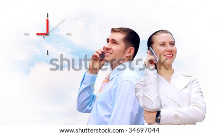 Happiness businessmens call by phone on sky with clouds background