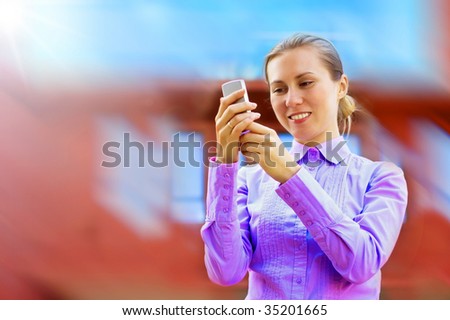 Happiness business women call by phone on business architecture background