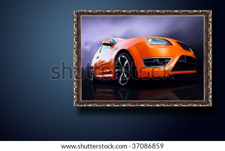 Beautiful orange sport car in frame