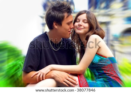 Two happiness love young people on blur historical background