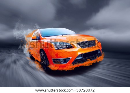 Beautiful orange sport car in fire