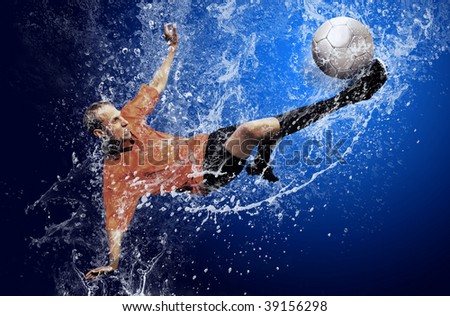 Water drops around football player under water on blue background