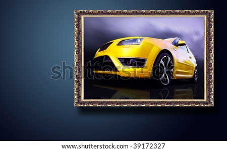Beautiful yellow sport car on road in classic frame