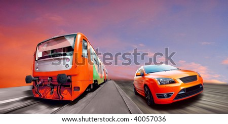 Beautiful orange sport car and train on road