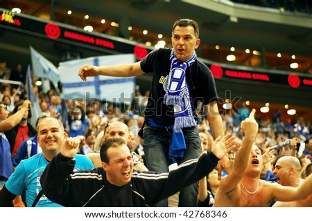 PRAGUE, CZECH REPUBLIC - APRIL 5: Iraklis team supporters watch the volleyball game of Final Four CEV Indesit Champions League at O2 Arena in Prague. April 5, 2009