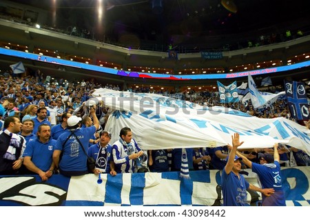 PRAGUE, CZECH REPUBLIC - APRIL 5: Iraklis team supporters watch the volleyball game of Final Four CEV Indesit Champions League at O2 Arena in Prague, April 5, 2009