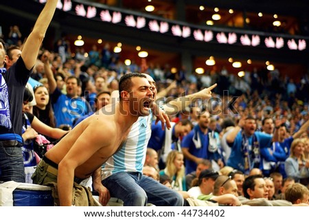 PRAGUE, CZECH REPUBLIC - APRIL 5: Iraklis team supporters watch the volleyball game of Final Four CEV Indesit Champions League at O2 Arena April 5, 2009 in Prague.