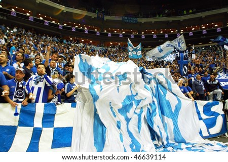 PRAGUE, CZECH REPUBLIC - APRIL 5: Iraklis team supporters watch the volleyball game of Final Four CEV Indesit Champions League at O2 Arena in Prague, April 5, 2009