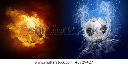 Water drops and fire flames around soccer ball on the background
