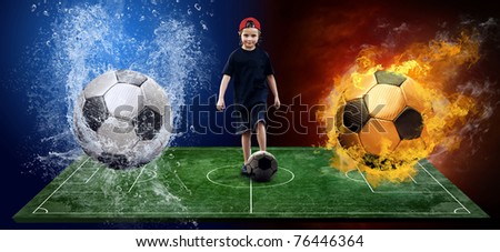 Child and ball on the soccer field with fires and waters balls