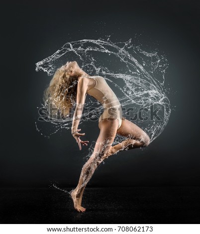 One person, gymnastic, dancer, woman in dynamic beautiful action figure around splash water drops.