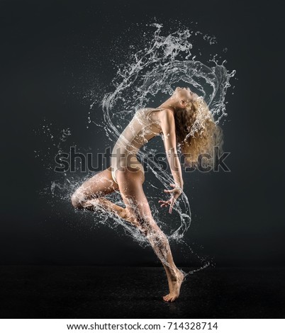 One person, gymnastic, dancer, woman in dynamic beautiful action figure under light on the sport arena.