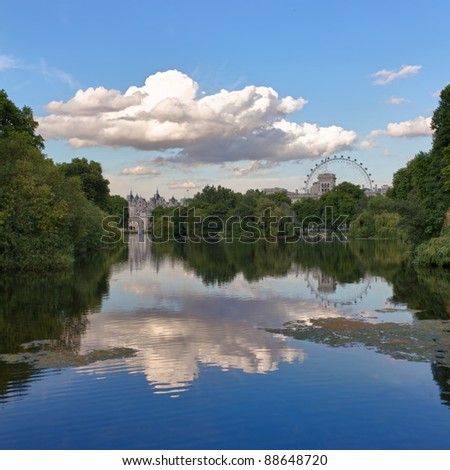 St. James Park with London Eye and Horse Guards Buildings, London, UK