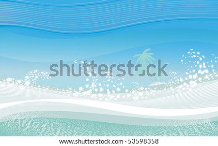 Landscape of the ocean. Turquoise ocean wave with foam and spray. A tropical island with palm trees in the background.