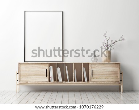 Mock up poster with wooden TV stands, 3d render