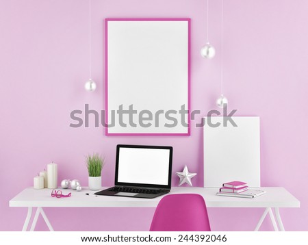 Office mock up, pink background, 3d illustration