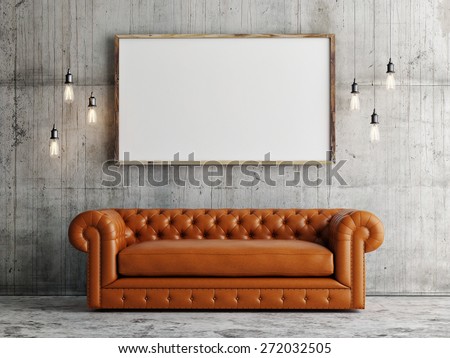 Mock up poster, leather sofa, concrete wall background, 3d illustration