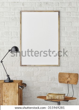 White Blank Poster in white brick wall ,Template Mock up for your content, 3d render