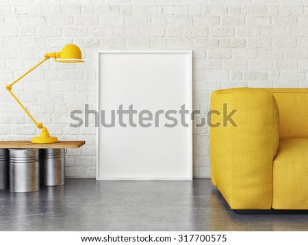 Mock up poster, interior composition, sofa, lamp and white poster, 3d render