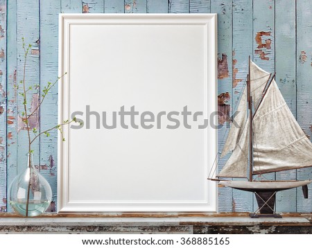 Mock up poster frame with on vintage chest of drawers, hipster interior background, 3D render