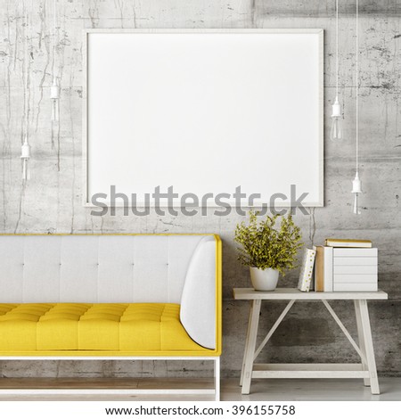 Mock up blank poster on the wall of livingroom, 3D render