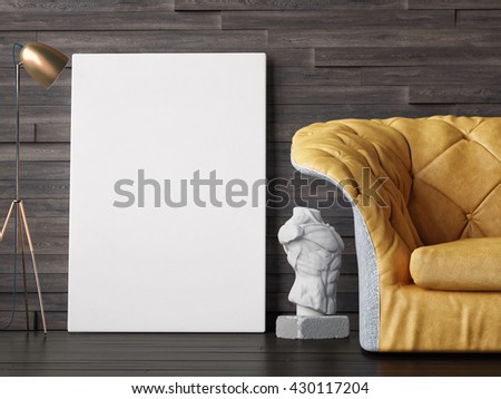 Mock up poster, interior composition, sofa, lamp, sculpture and white poster, 3d render
