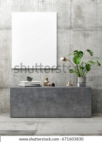 poster in hipster interior, minimalism concept concrete interior, 3d illustration