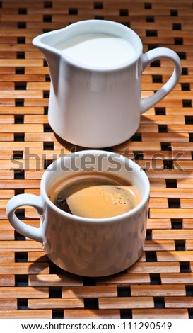 cups of coffee and milk on wood rack