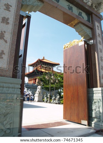 Door and court of Chinese temple in Thailand