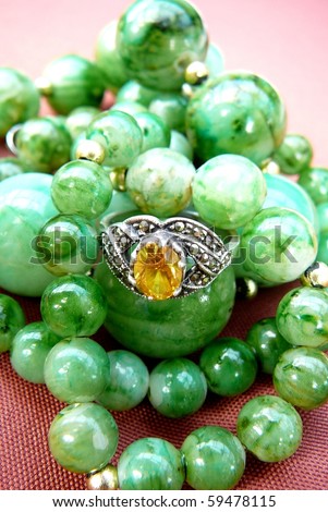 Yellow Gemstone Ring with Green Beads
