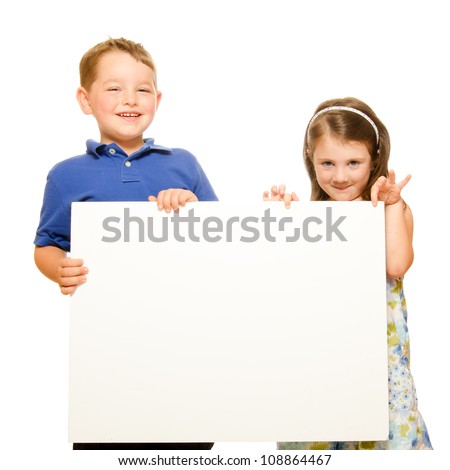 Portrait of children holding blank sign with room for text isolated on white