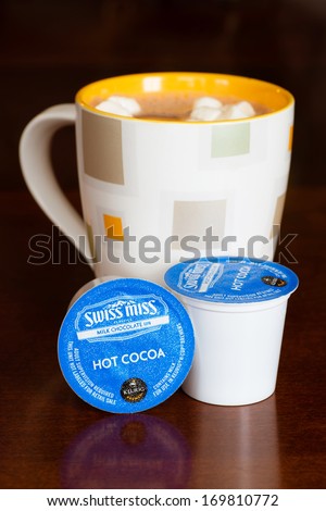 Atlanta, Ga -- Jan. 5, 2014: Cup Of Hot Chocolate Made With Swiss Miss Single-Serve K-Cups Using A Keurig Brewing Machine.