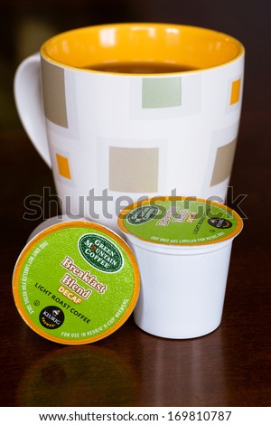 Atlanta, Ga -- Jan. 5, 2014: Cup Of Coffee Made With Green Mountain Coffee Single-Serve K-Cups Using A Keurig Brewing Machine.