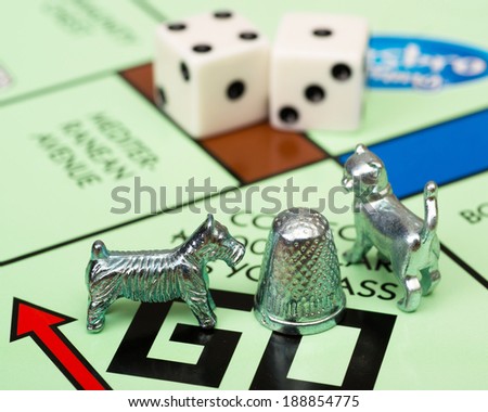 ATLANTA - APRIL 23, 2014: Close up of Monopoly game pieces on board.