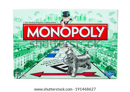 ATLANTA - MAY 2, 2014: Outside of box for classic Monopoly board game by Hasbro.