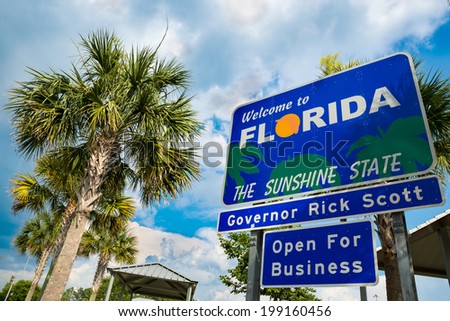 HAMILTON COUNTY, FL - June 16, 2014: Welcome to Florida sign at a Welcome Center off Interstate 75 in Hamilton County Florida on June 16, 2014