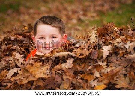 Happy child playing in a leaf pile during fall or winter