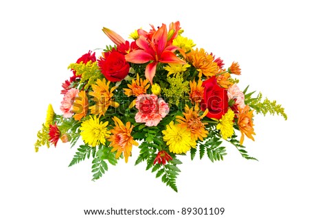 Colorful flower bouquet arrangement centerpiece isolated on white.