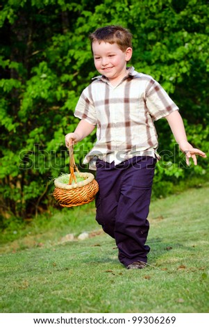 Child Boy kid running with Easter Basket while on Easter Egg hunt