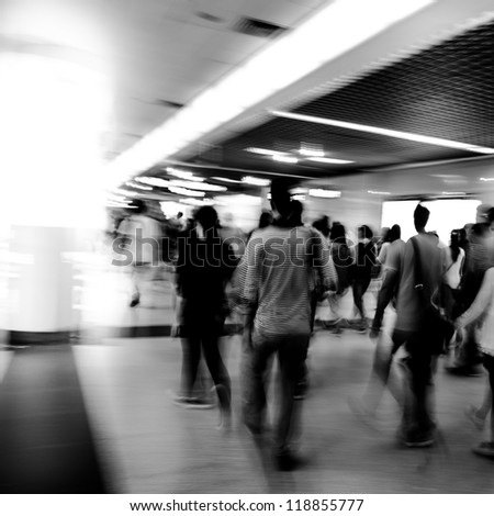 city business people abstract blur motion,  passenger walk at subway station black and white