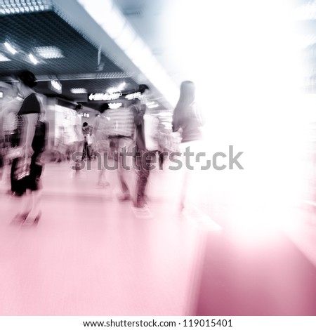 city business people crowd abstract blur motion, passenger walk at subway station