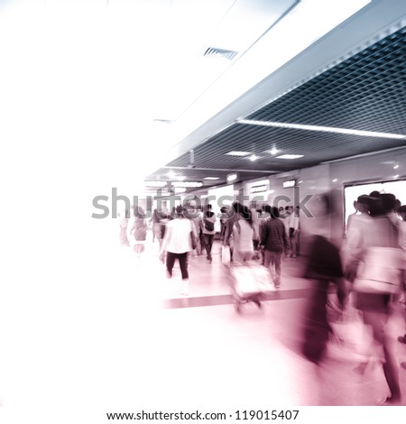 city business people crowd abstract blur motion, passenger walk at subway station
