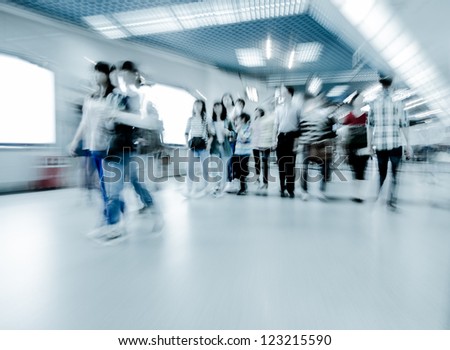 city business people crowd abstract blur motion,  passenger walk at subway station