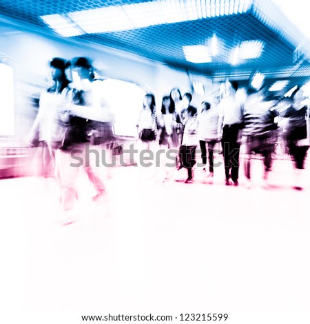 city business people crowd abstract blur motion,  passenger walk at subway station