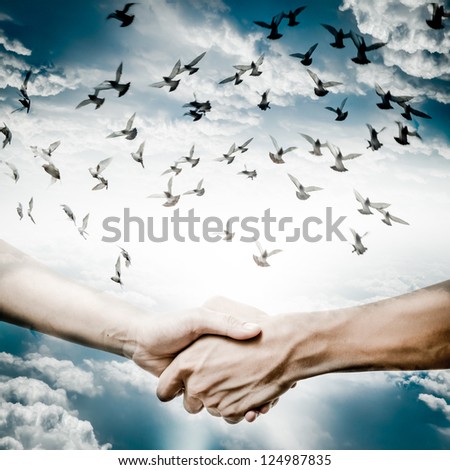 hand shake with dove flying on sky, business concept background.