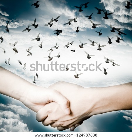 hand shake with dove flying on sky, business concept background.